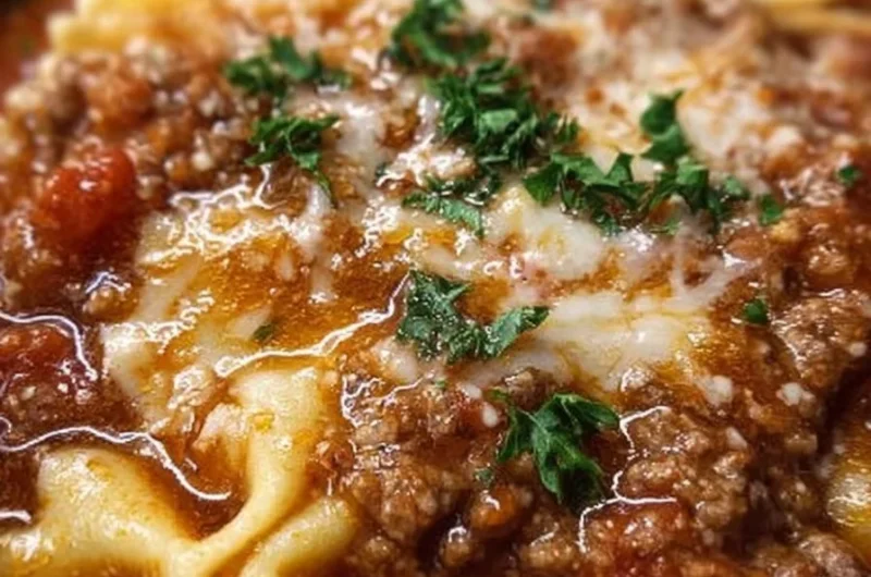 Bowl of delicious Crock Pot Lasagna Soup with melted cheese and fresh herbs