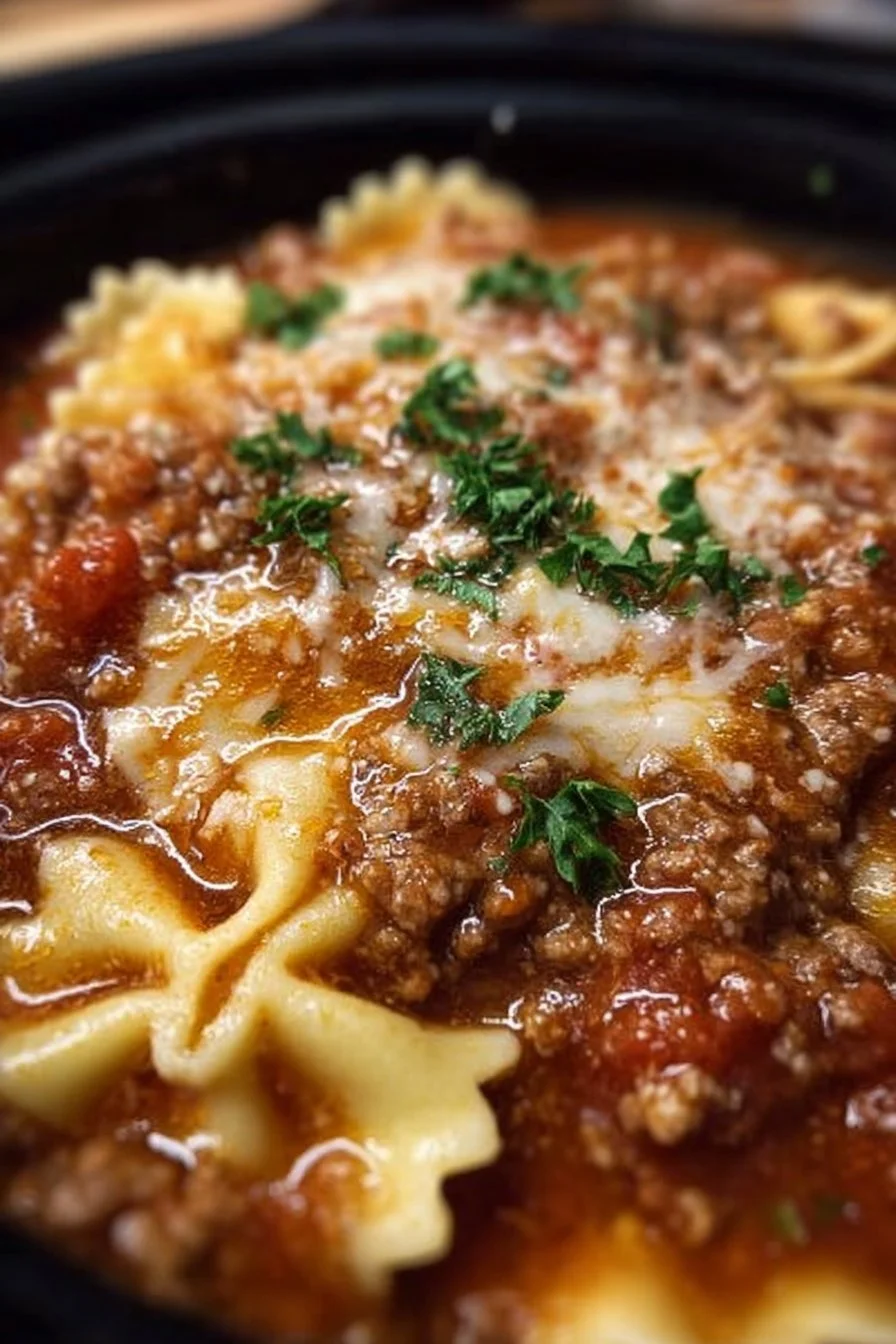 Bowl of delicious Crock Pot Lasagna Soup with melted cheese and fresh herbs