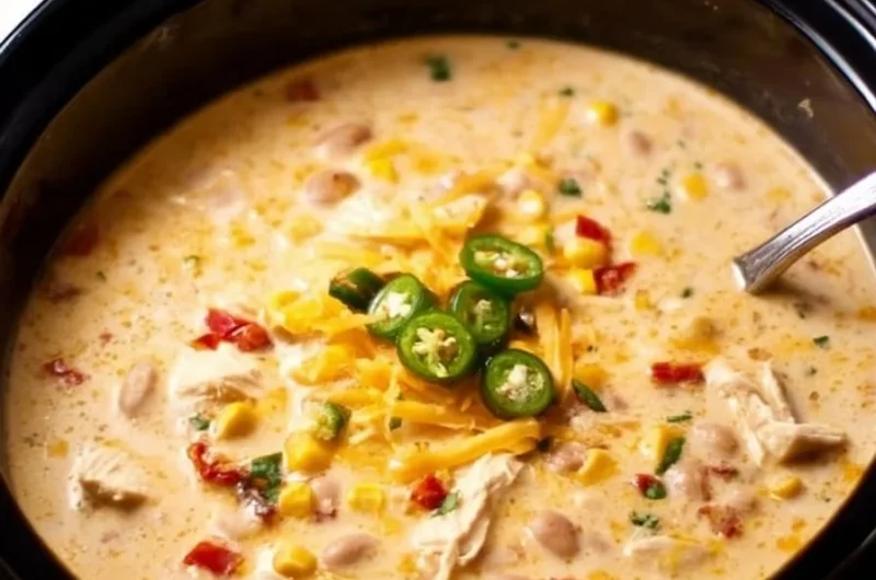 Bowl of Crockpot Cream Cheese Chicken Chili garnished with herbs.