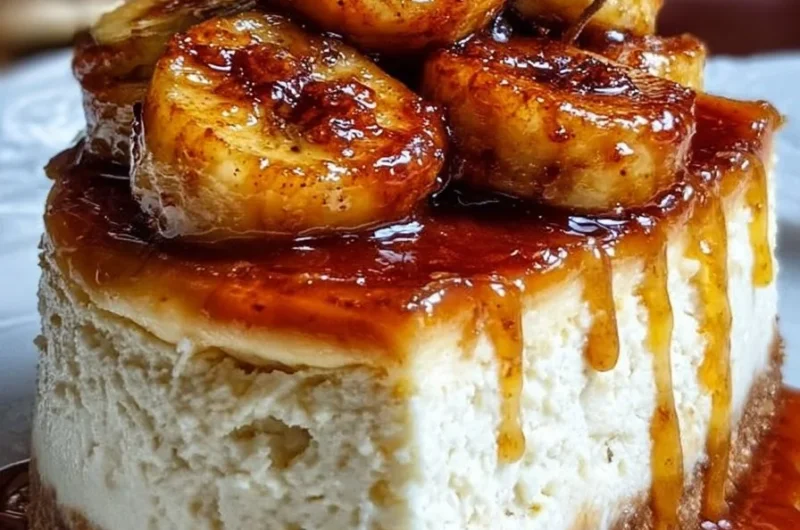Decadent Bananas Foster Cheesecake topped with caramelized bananas