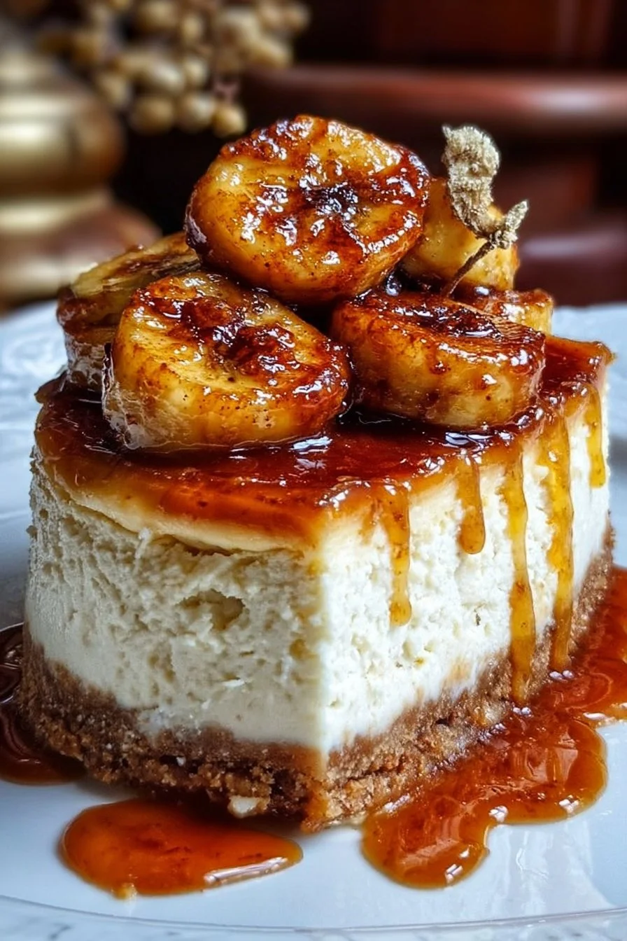 Decadent Bananas Foster Cheesecake topped with caramelized bananas