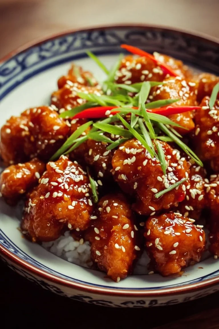 Crispy sesame chicken served with rice and vegetables, showcasing a delectable dish.