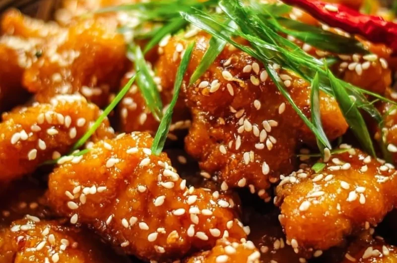 Crispy sesame chicken served with sauce and garnished with sesame seeds