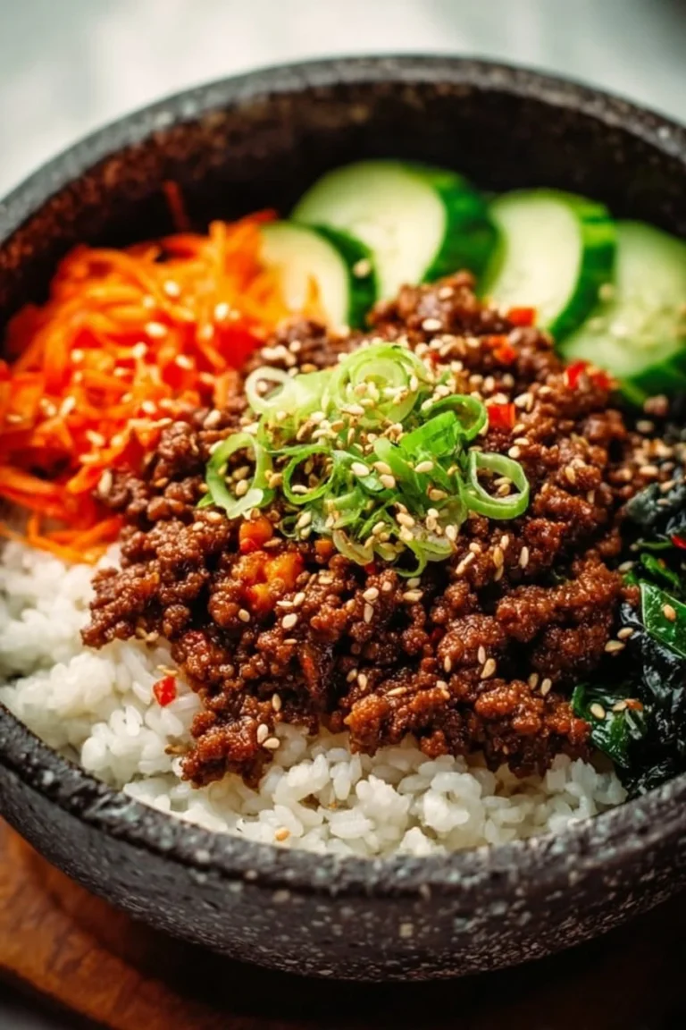 A delicious Korean Ground Beef Bowl garnished with vegetables and sesame seeds.