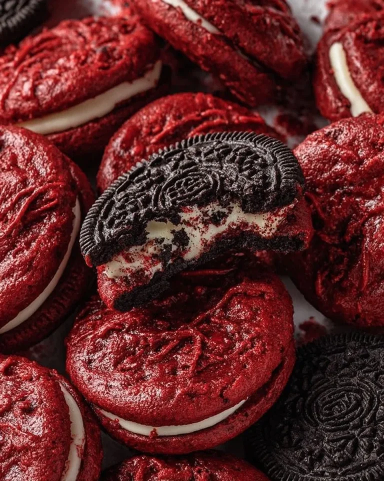 Delicious red velvet Oreo cookies with cream filling on a plate
