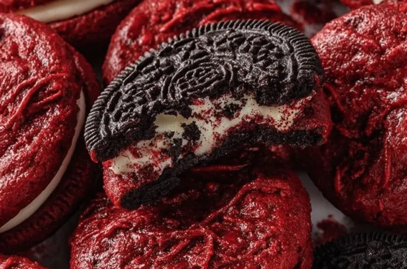 Delicious red velvet Oreo cookies with cream filling on a plate