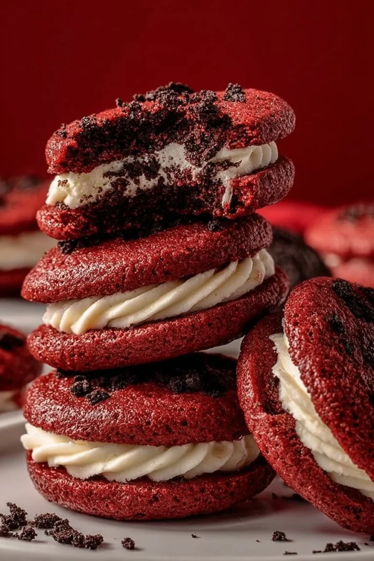 Plate of delicious red velvet Oreo cookies on a rustic wooden table