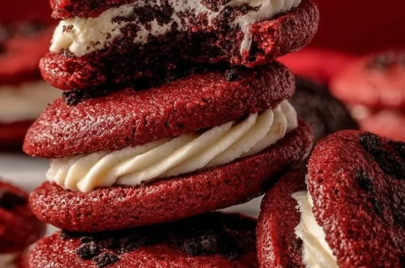 Plate of delicious red velvet Oreo cookies on a rustic wooden table