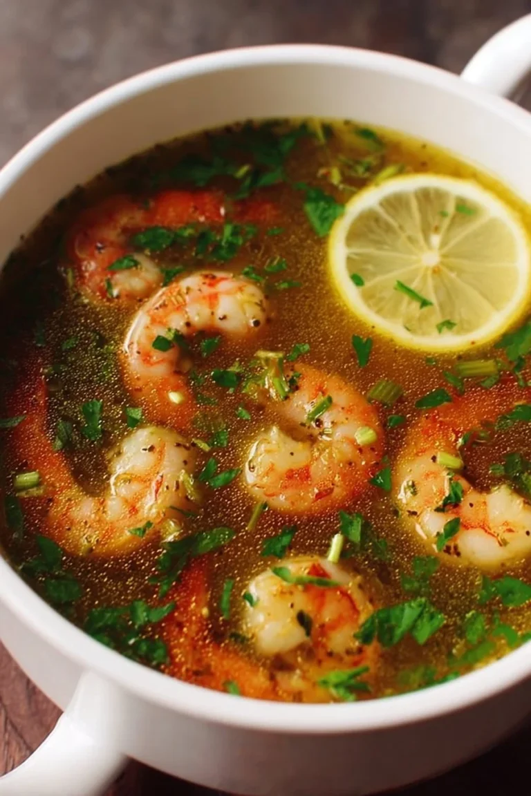 Detox shrimp broth with lemon and miso in a bowl garnished with herbs