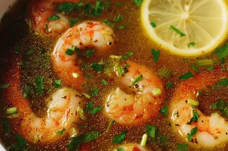 Detox shrimp broth with lemon and miso in a bowl garnished with herbs
