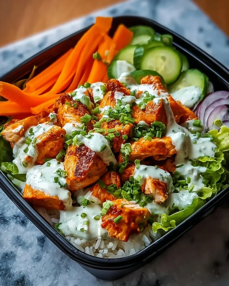 Easy buffalo chicken bowl meal prep with fresh ingredients and flavors.