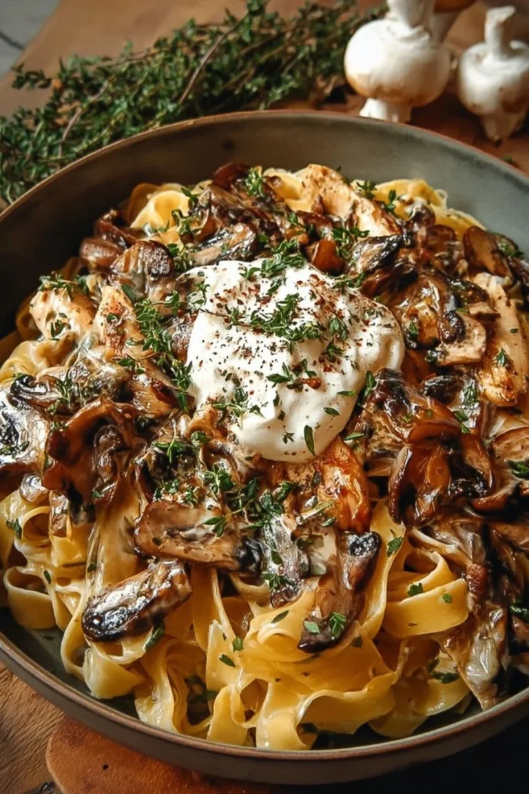 Easy burrata pasta with creamy chicken and mushrooms served in a bowl