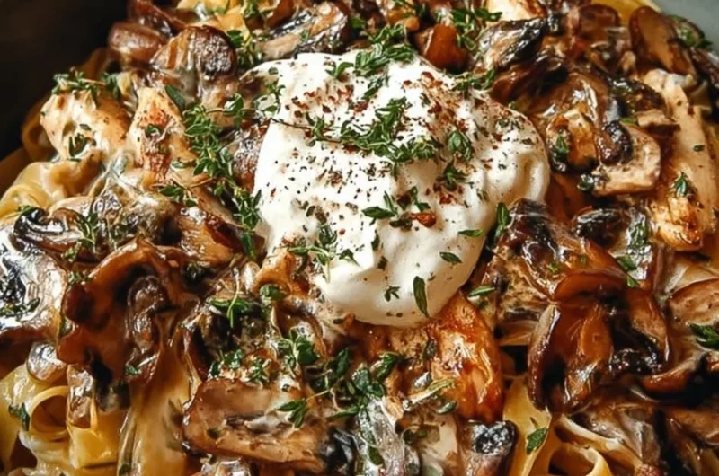 Easy burrata pasta with creamy chicken and mushrooms served in a bowl