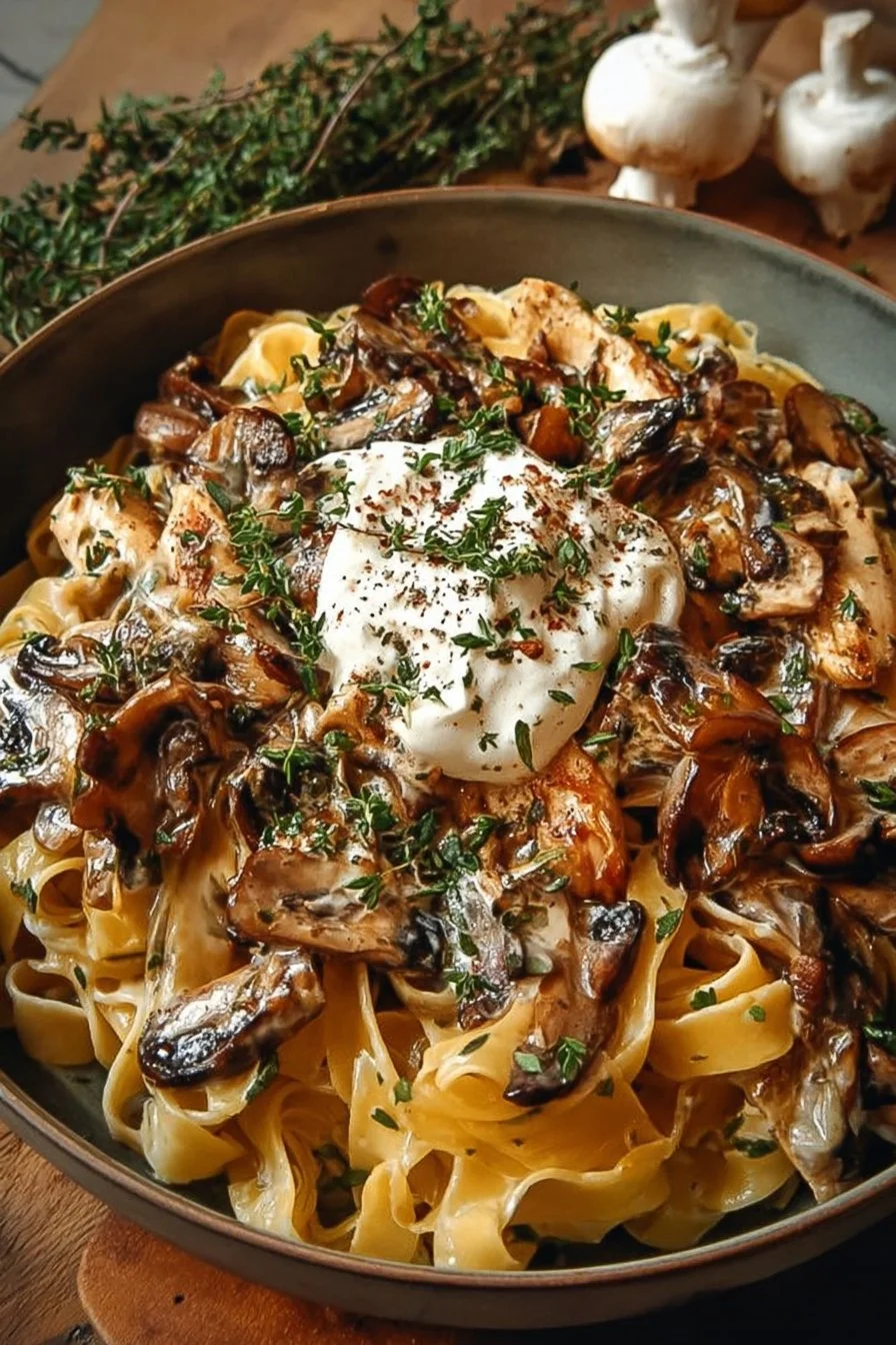 Easy burrata pasta with creamy chicken and mushrooms served in a bowl