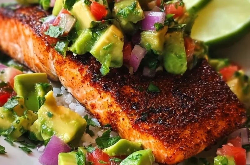 Cajun lime salmon topped with avocado salsa on a plate