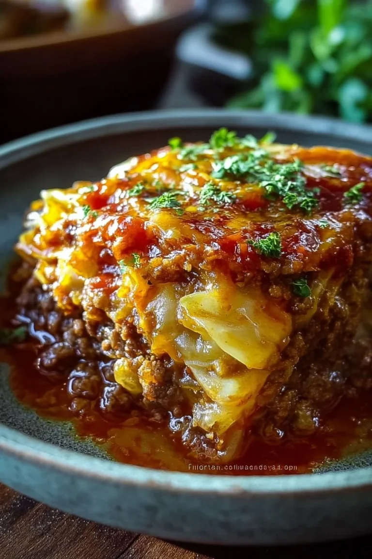 Easy Cheesy Unstuffed Cabbage Roll Casserole in a baking dish
