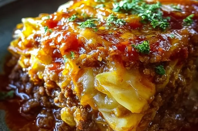 Easy Cheesy Unstuffed Cabbage Roll Casserole in a baking dish