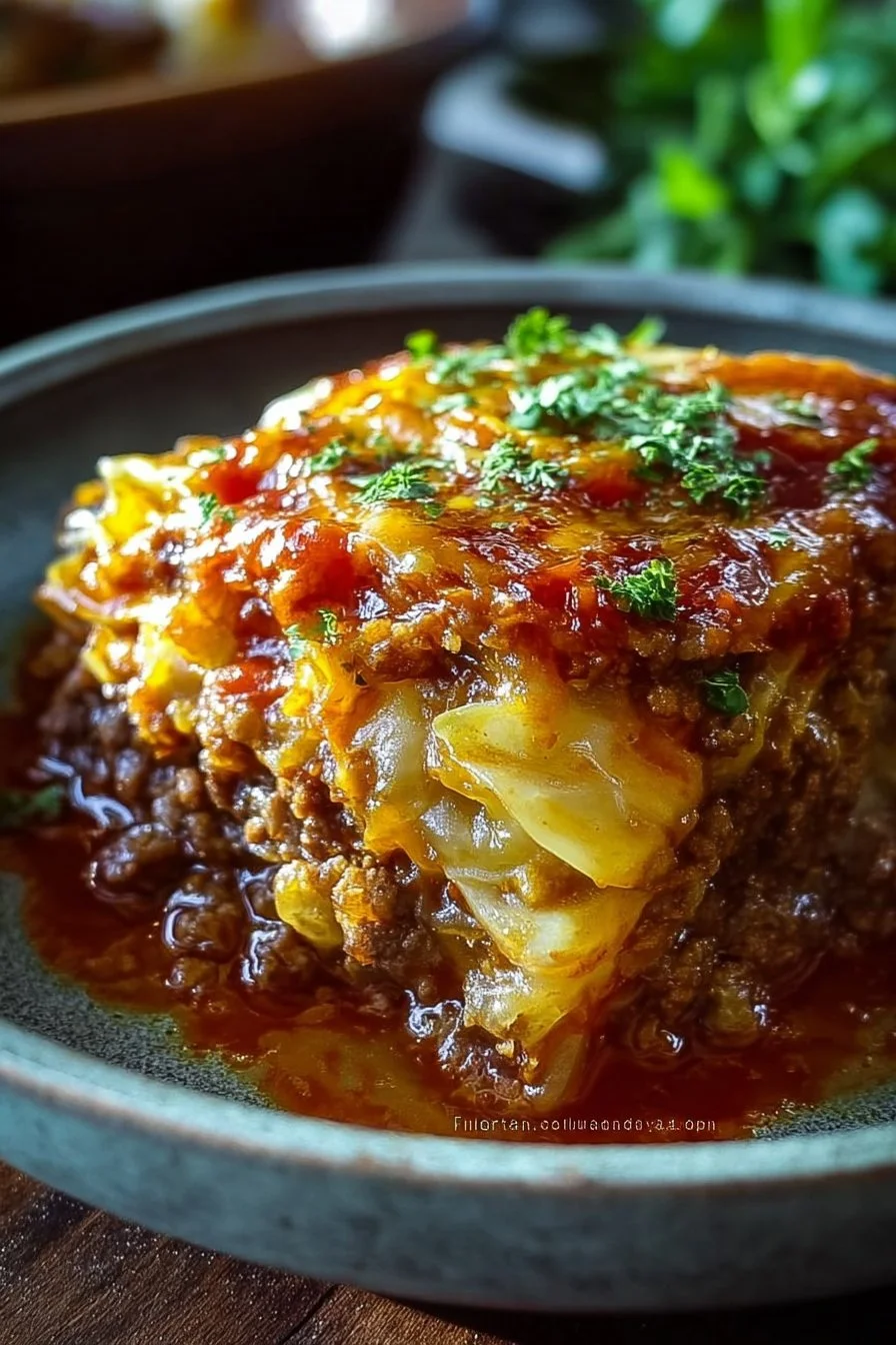 Easy Cheesy Unstuffed Cabbage Roll Casserole in a baking dish