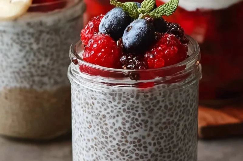 Bowl of easy chia pudding topped with fruits and nuts