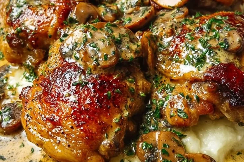 Easy creamy garlic mushroom chicken thighs served with a side of vegetables.