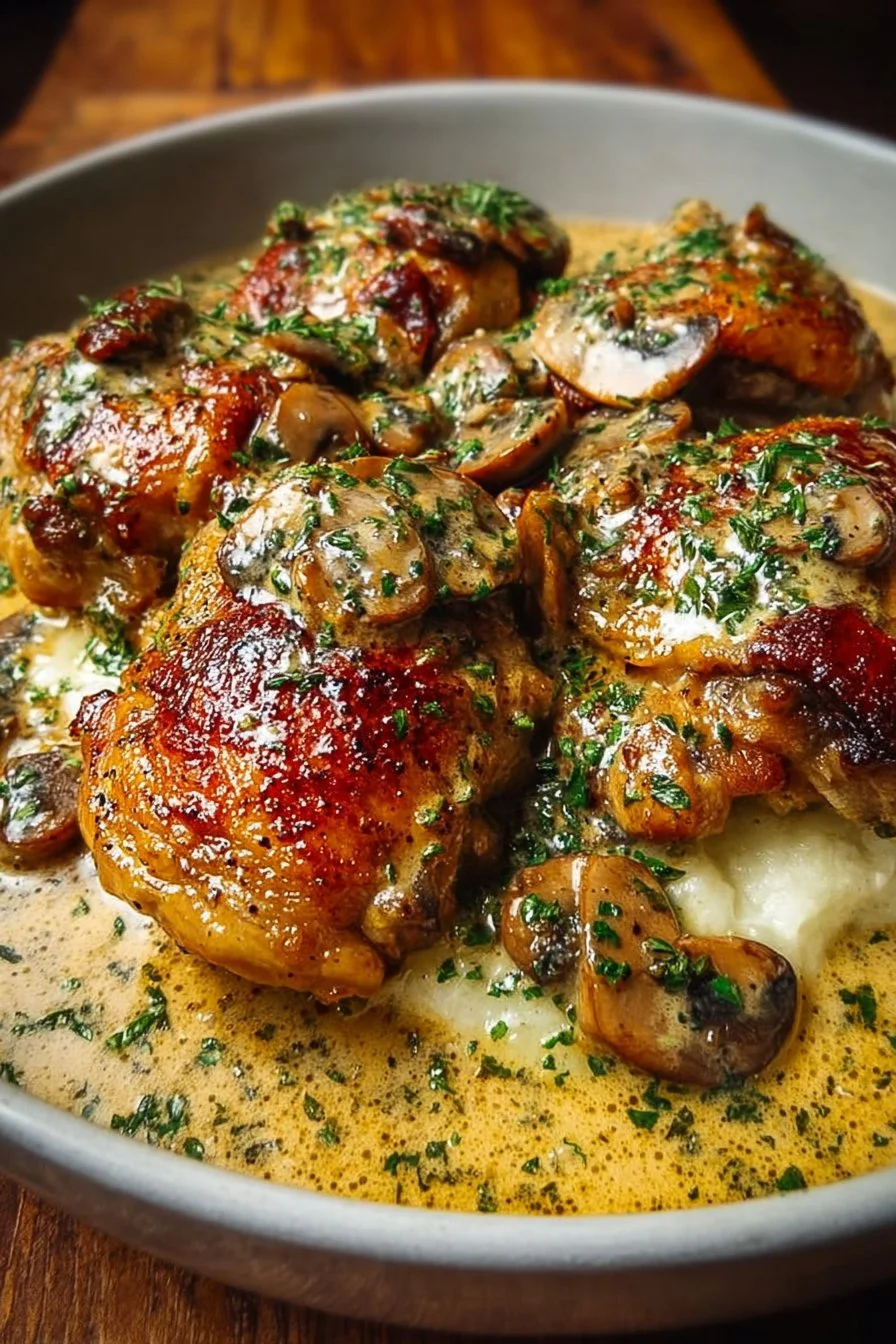 Easy creamy garlic mushroom chicken thighs served with a side of vegetables.
