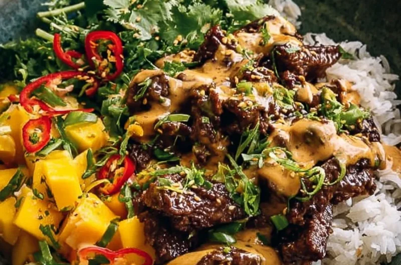 Curried beef bowl topped with mushrooms, creamy peanut sauce, and mango slices.