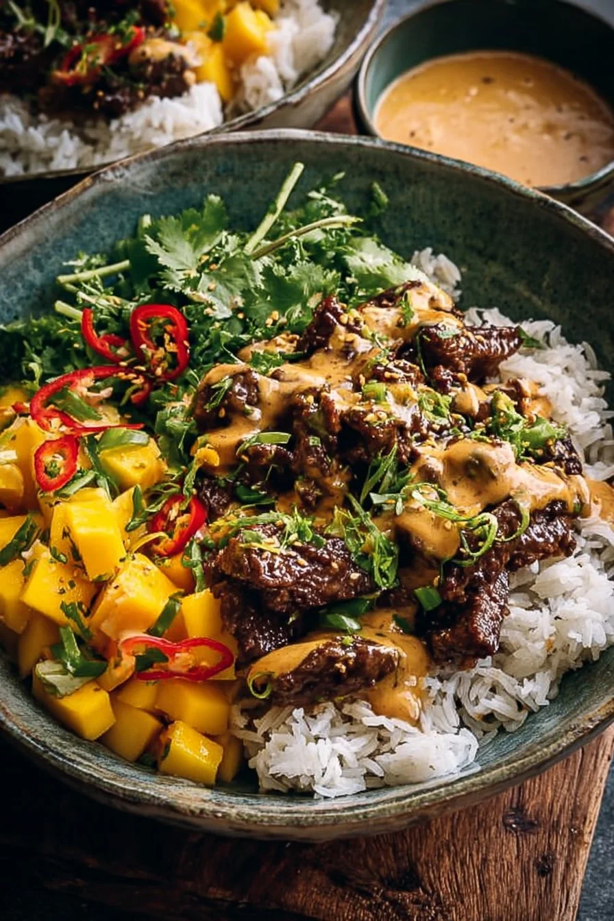 Easy Curried Beef and Mushroom Bowl with Creamy Peanut Sauce and Mango