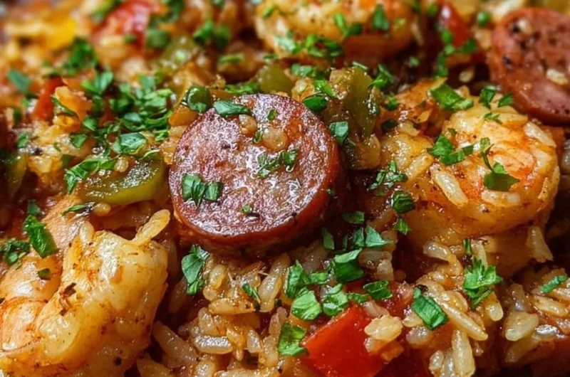 Delicious one-pot jambalaya with shrimp, sausage, and vegetables