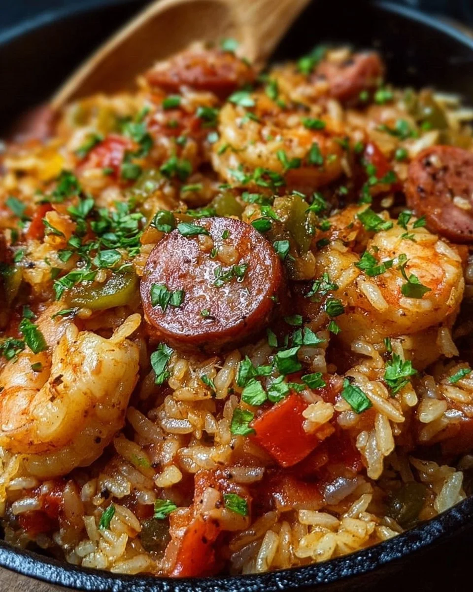 Delicious one-pot jambalaya with shrimp, sausage, and vegetables