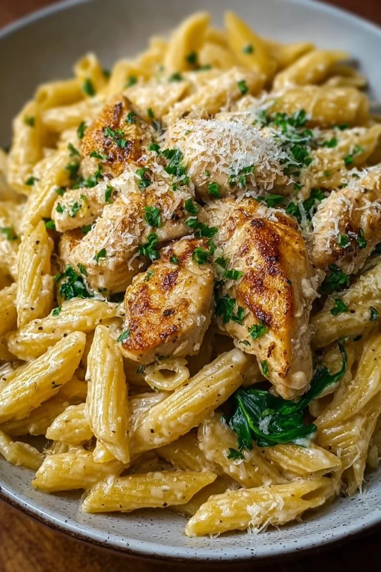Delicious easy garlic parmesan chicken pasta served with fresh parsley