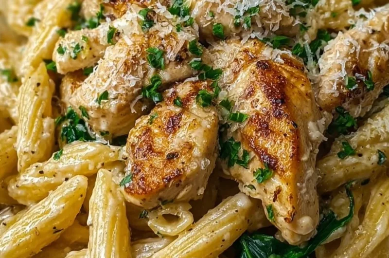 Delicious easy garlic parmesan chicken pasta served with fresh parsley