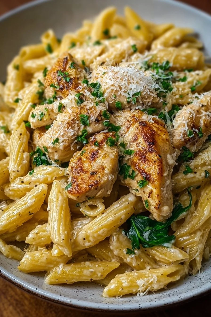 Delicious easy garlic parmesan chicken pasta served with fresh parsley
