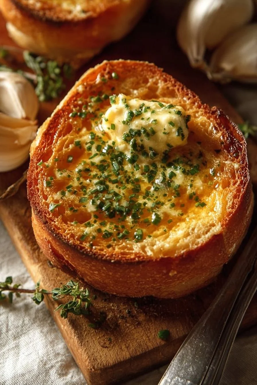 Homemade roasted garlic butter spread served on fresh bread