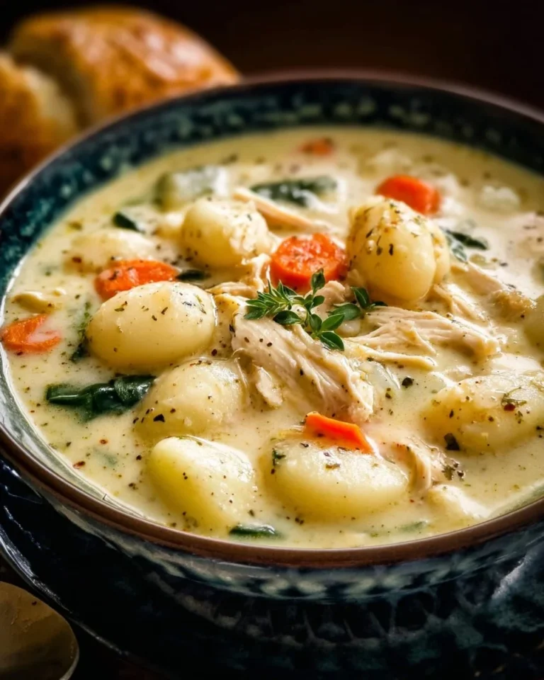 Bowl of Easy Italian Chicken Gnocchi Soup garnished with herbs