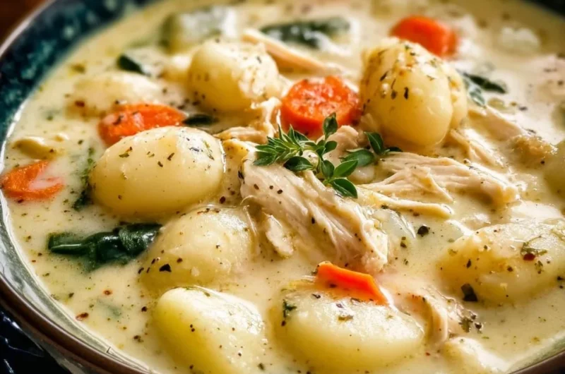 Bowl of Easy Italian Chicken Gnocchi Soup garnished with herbs