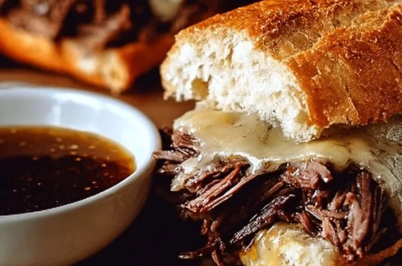Delicious easy Crockpot French dip sandwiches with juicy beef and melted cheese