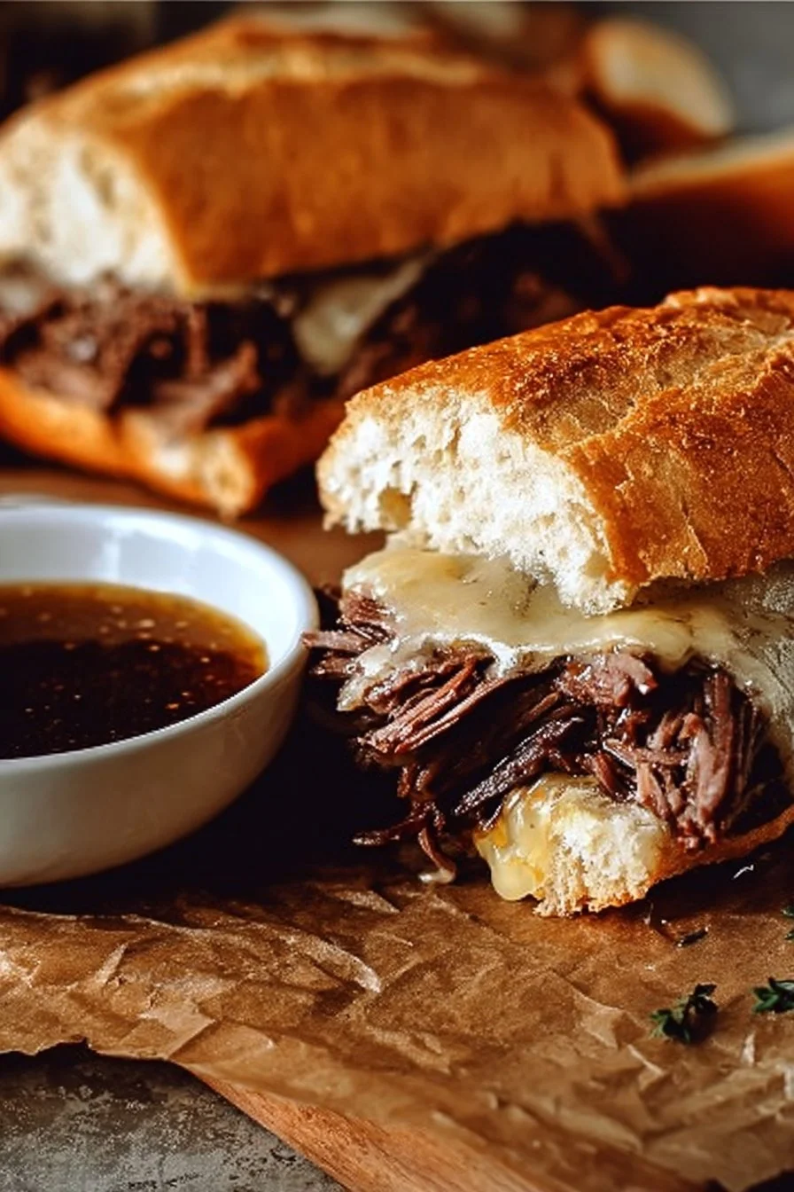 Delicious easy Crockpot French dip sandwiches with juicy beef and melted cheese