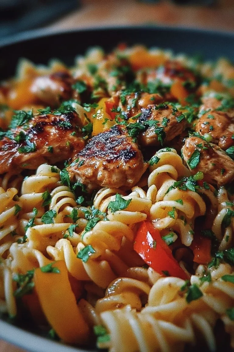 Delicious one-pot chicken fajita pasta with colorful veggies and spices