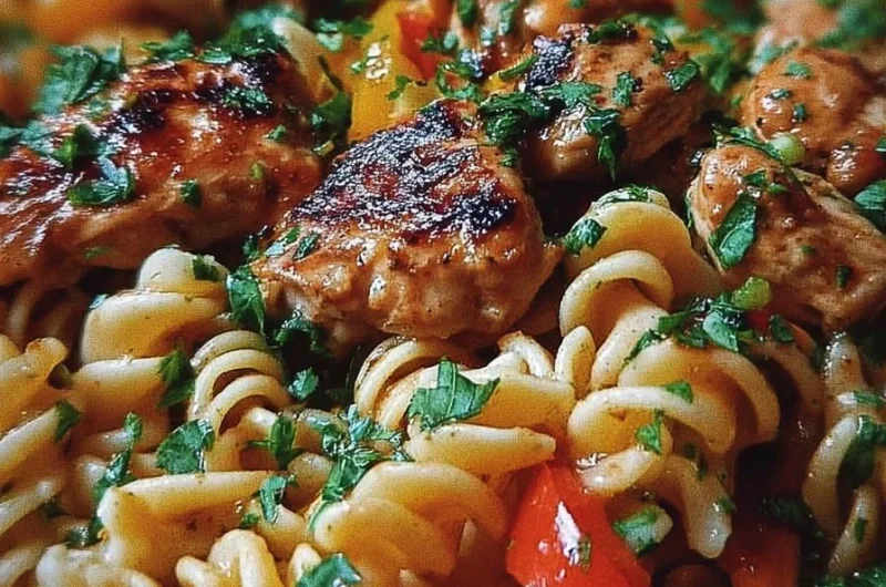 Delicious one-pot chicken fajita pasta with colorful veggies and spices