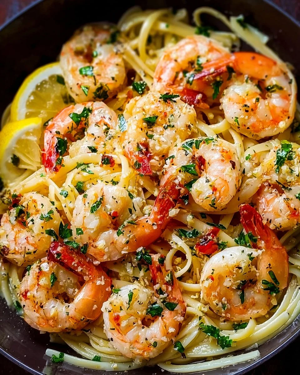 Easy shrimp scampi lemon garlic pasta served in a bowl