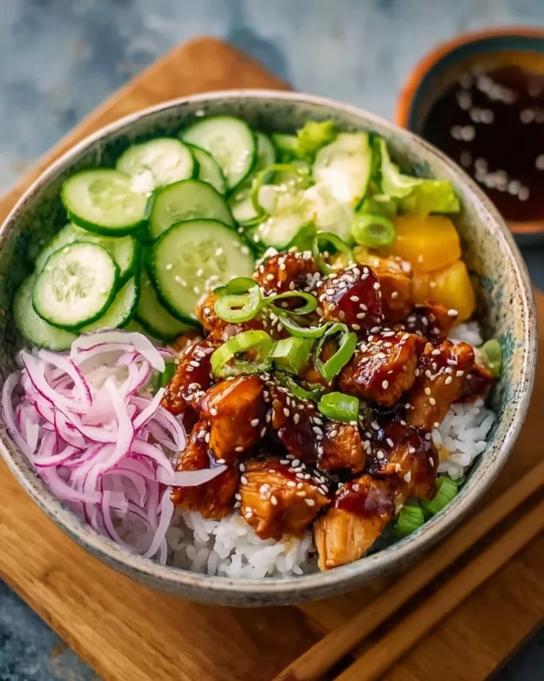 Easy teriyaki chicken poke bowls topped with fresh veggies and rice