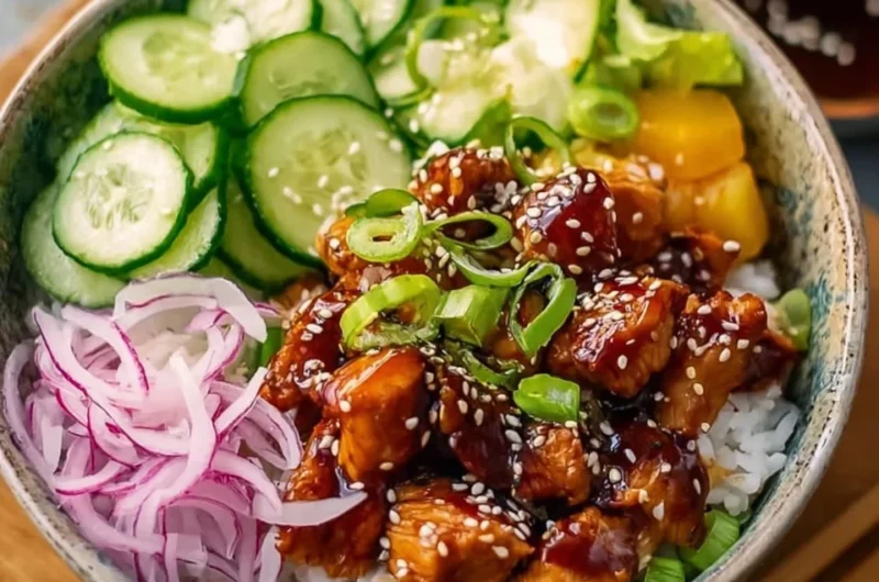 Easy teriyaki chicken poke bowls topped with fresh veggies and rice