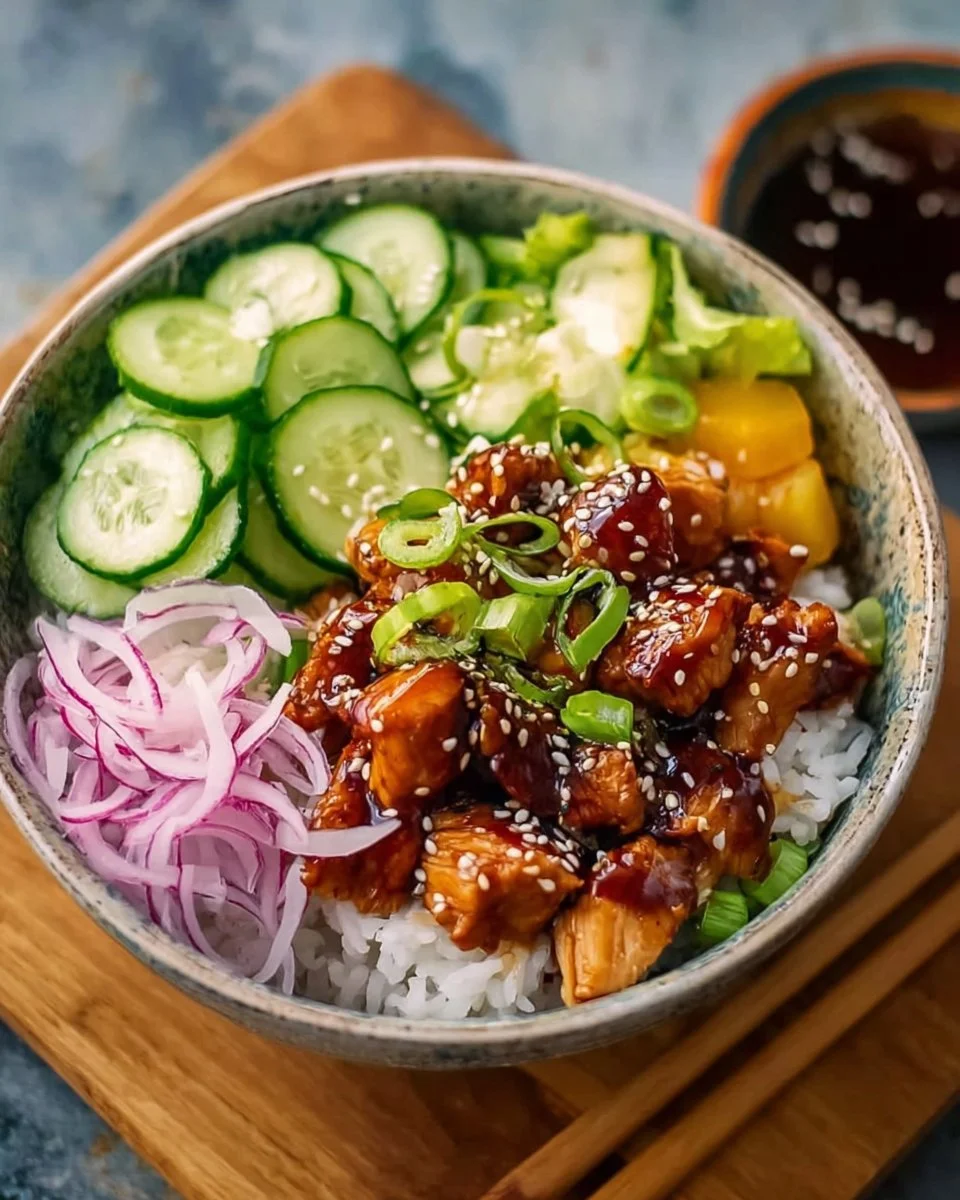 Easy teriyaki chicken poke bowls topped with fresh veggies and rice