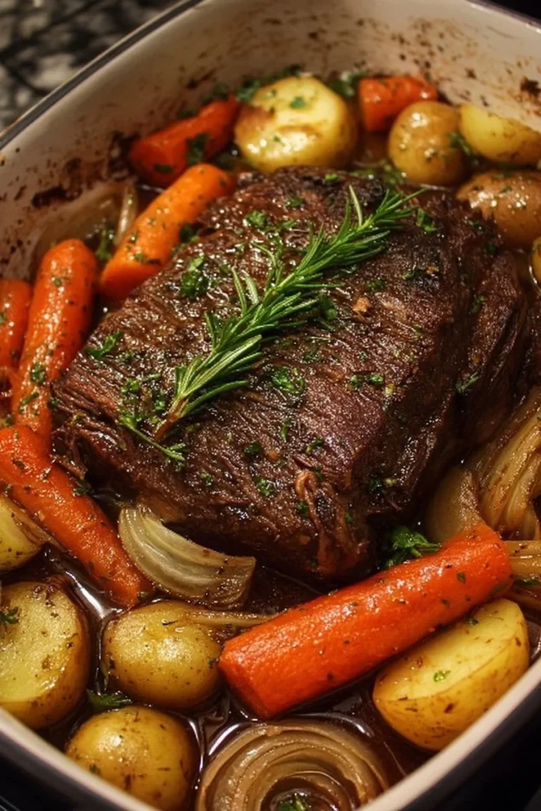 Fall-apart easy tender beef roast with vegetables served in a rustic dish