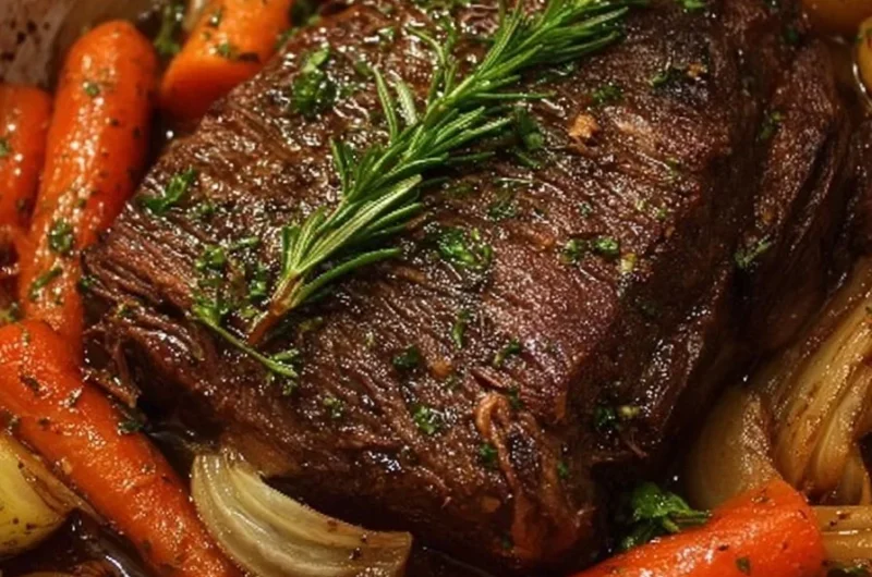 Fall-apart easy tender beef roast with vegetables served in a rustic dish