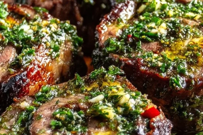 Chimichurri flank steak pinwheels garnished with fresh herbs and spices.