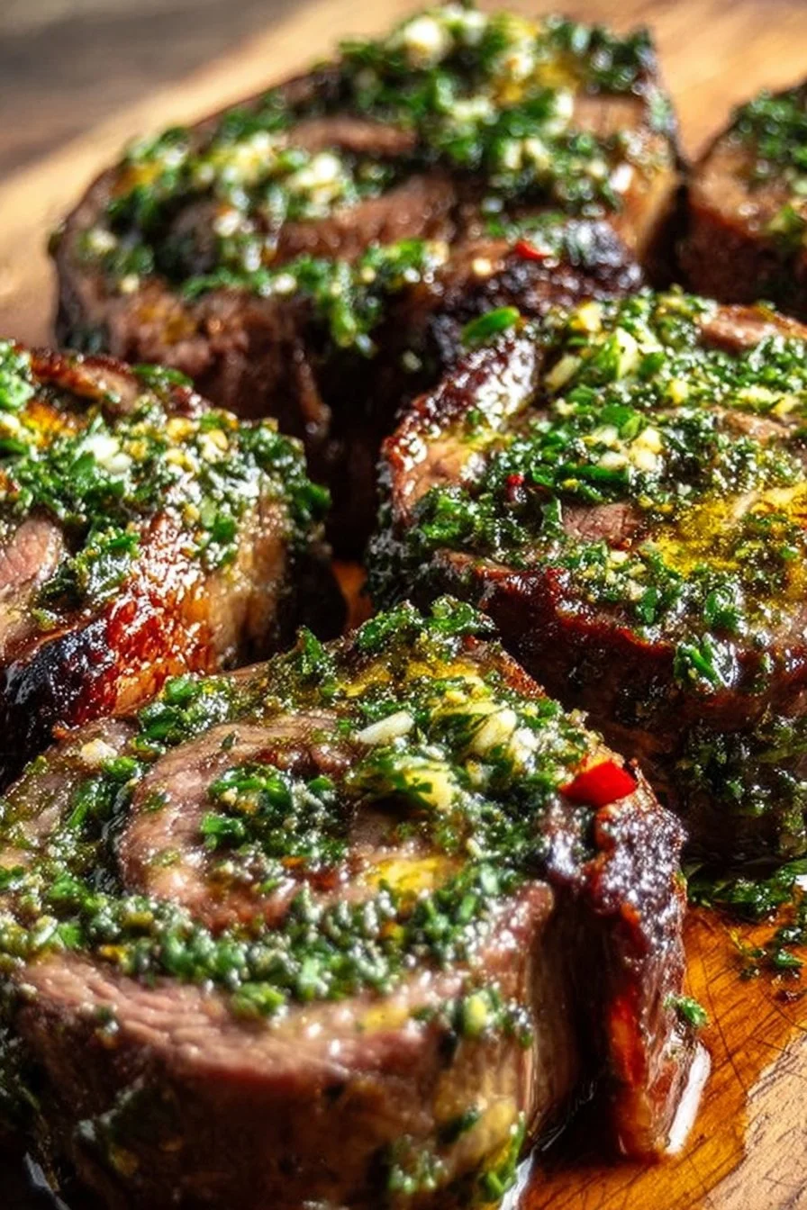 Chimichurri flank steak pinwheels garnished with fresh herbs and spices.