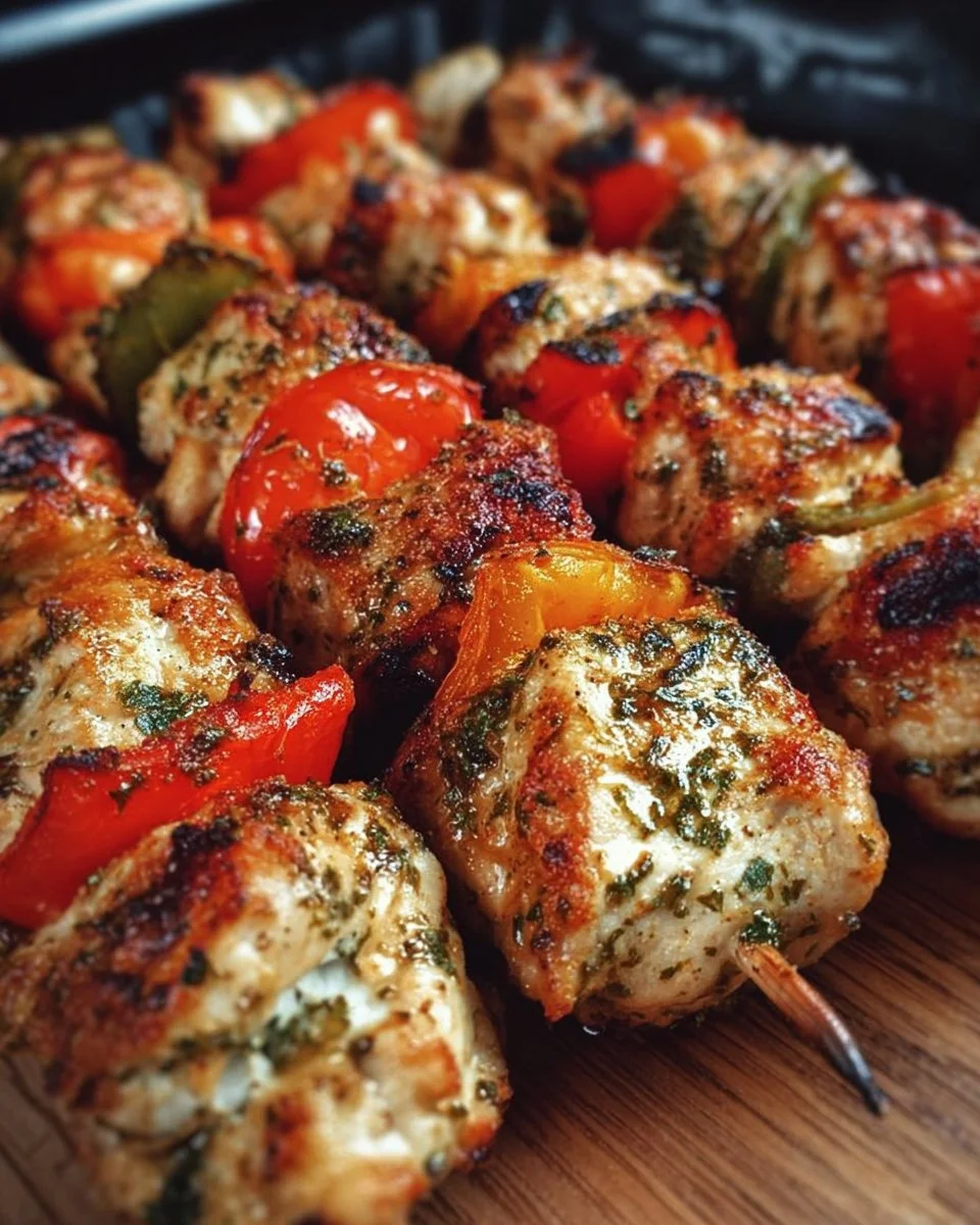 Sizzling flavorful grilled chicken kabobs on skewers ready for grilling