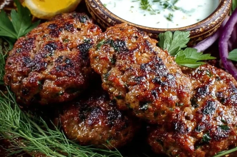 Delicious kofta meat kebabs with a side of garlic yogurt sauce