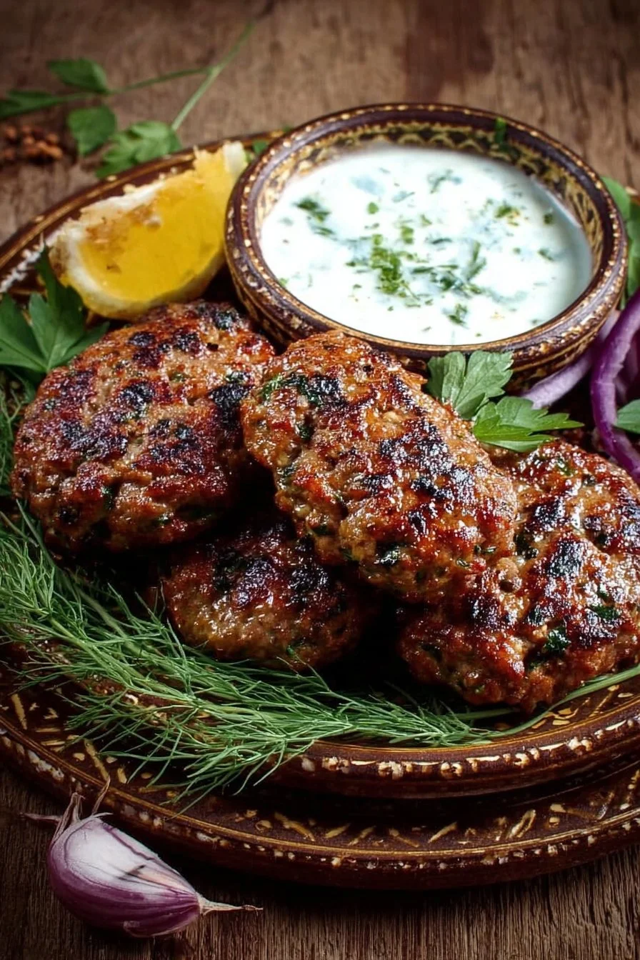 Delicious kofta meat kebabs with a side of garlic yogurt sauce